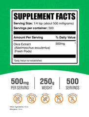 BulkSupplements Okra Extract Powder scoop showing 500 mg serving for daily use.