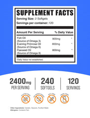 Close-up of BulkSupplements Omega 3-6-9 softgels label highlighting quality.