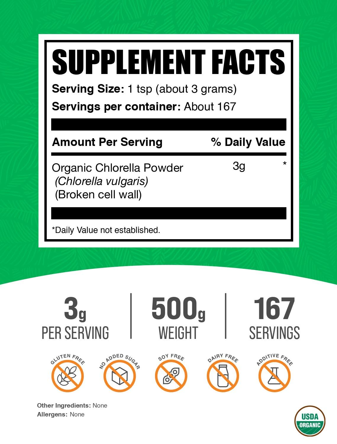 BulkSupplements Organic Chlorella Powder packaging highlighting quality and gluten-free status.