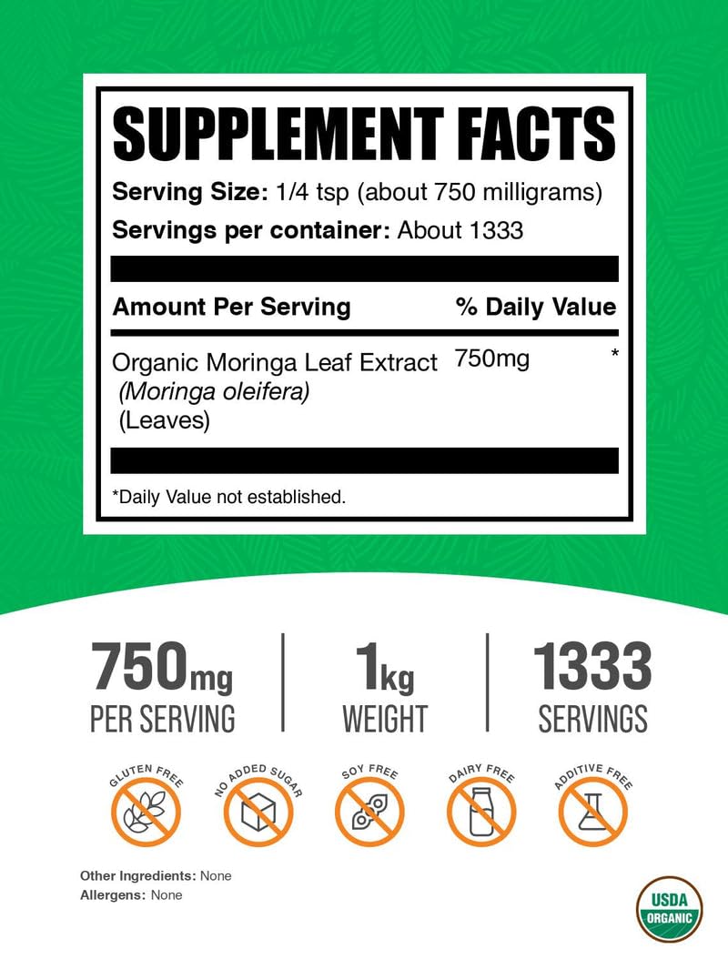 BulkSupplements Organic Moringa Extract Powder pouch highlights vegan gluten free format