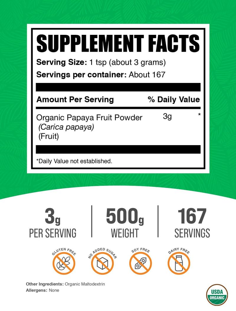 BulkSupplements Organic Papaya Powder scoop highlights easy daily servings.