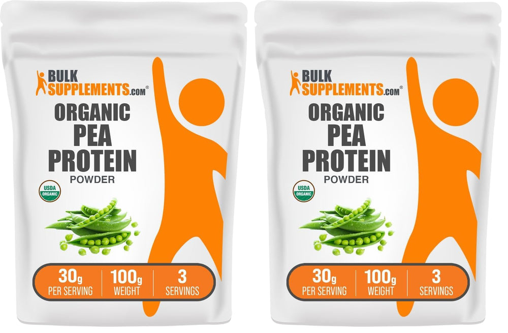 BulkSupplements Organic Pea Protein Powder packaging shows a gluten-free plant protein option
