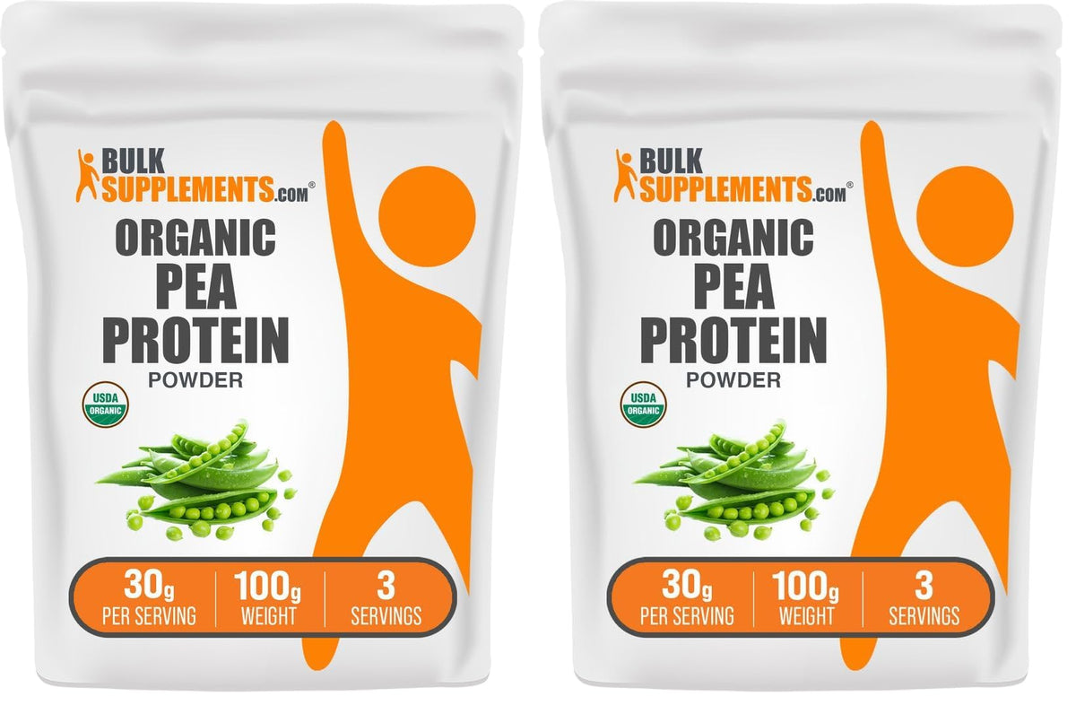 BulkSupplements Organic Pea Protein Powder packaging shows a gluten-free plant protein option