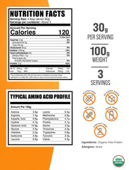 BulkSupplements Organic Pea Protein Powder scoop highlights convenient 30 g servings for shakes