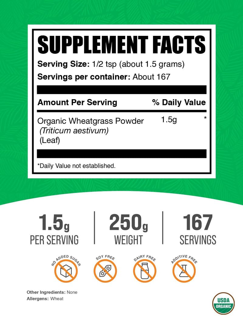 BulkSupplements Organic Wheatgrass Powder jar highlights natural greens for everyday use.