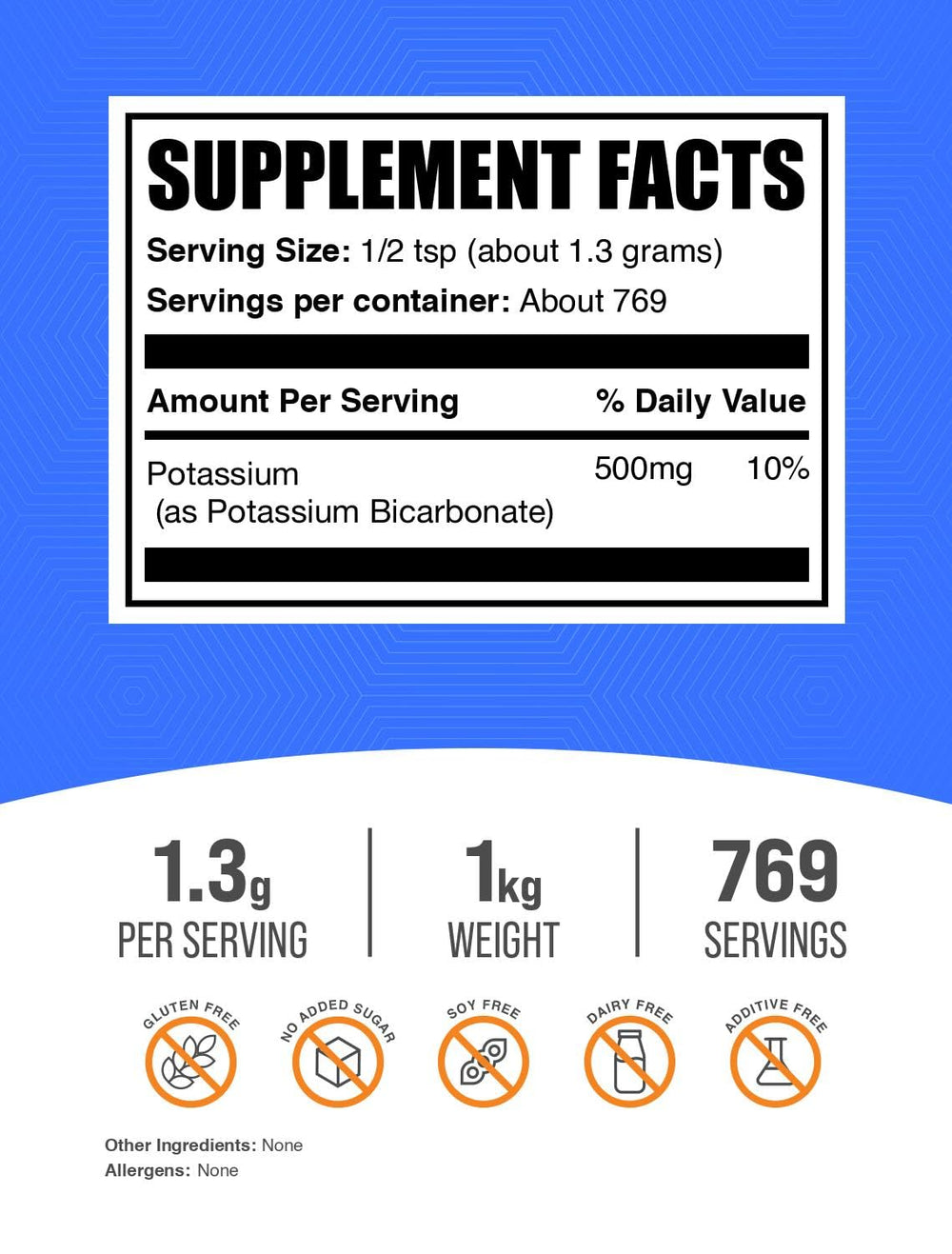 Close-up of BulkSupplements label on Potassium Bicarbonate powder showing purity and gluten-free formulation