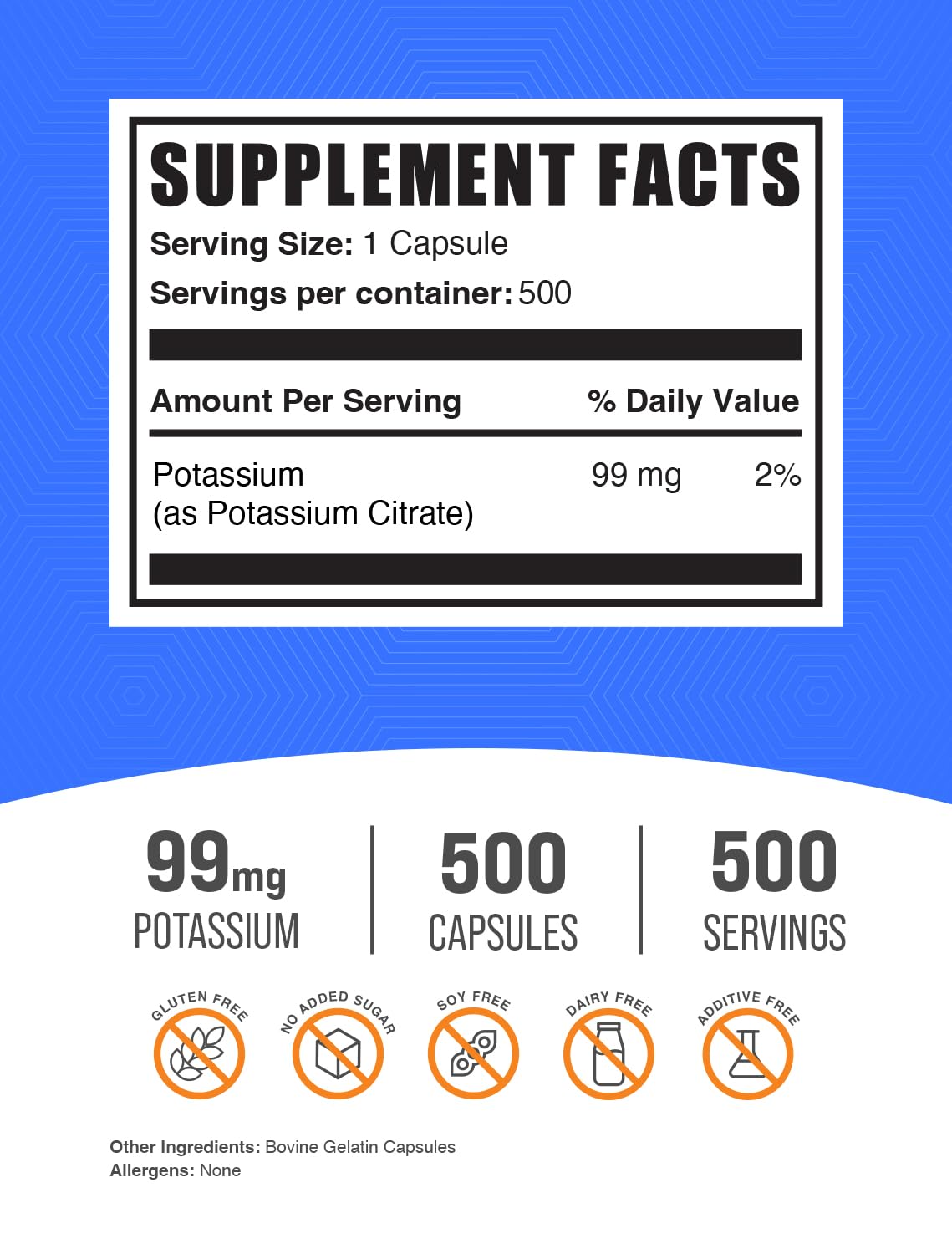 BulkSupplements Potassium Citrate serving shows 99 mg per capsule for everyday wellness.