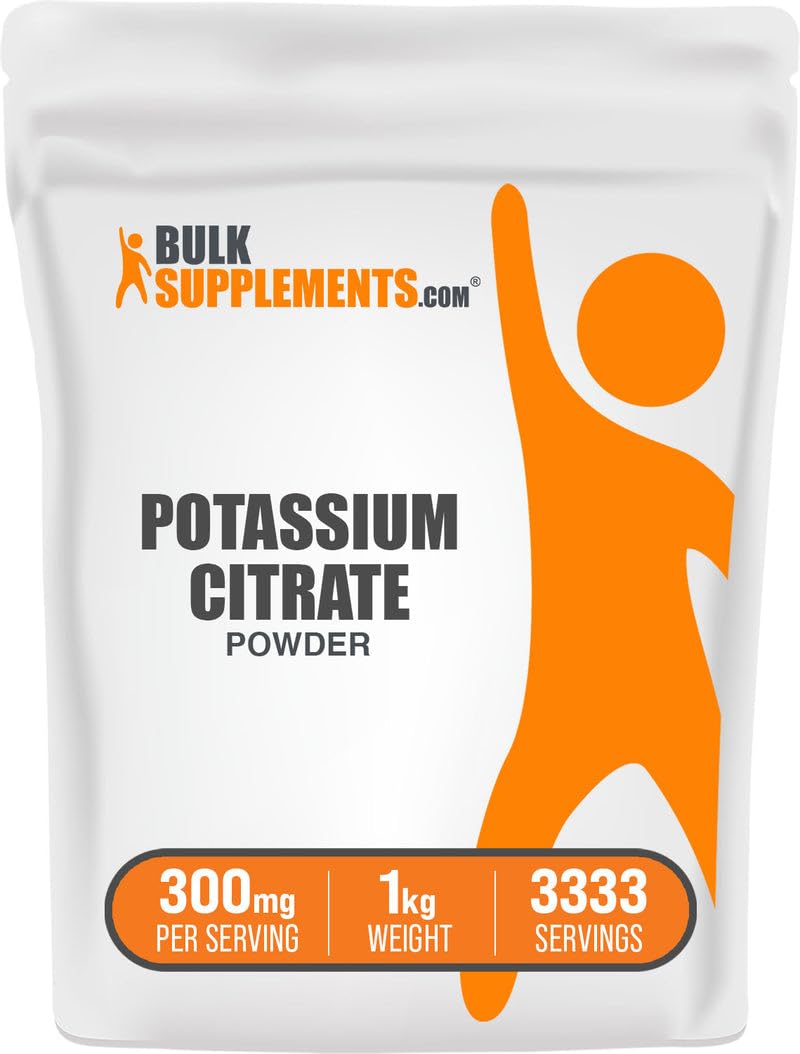 BulkSupplements Potassium Citrate Powder in a 1kg container supports daily mineral intake.