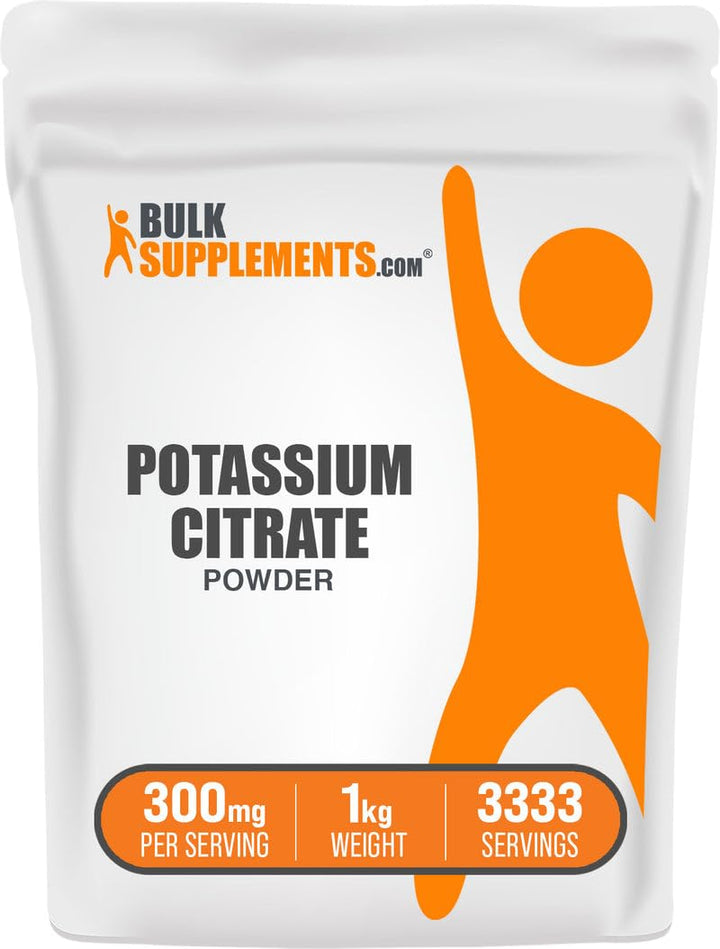 BulkSupplements Potassium Citrate Powder in a 1kg container supports daily mineral intake.