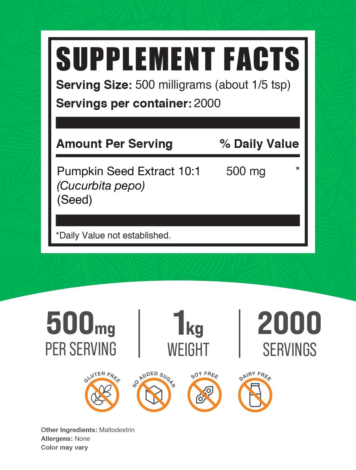 Close-up of BulkSupplements pumpkin seed extract powder bottle with label