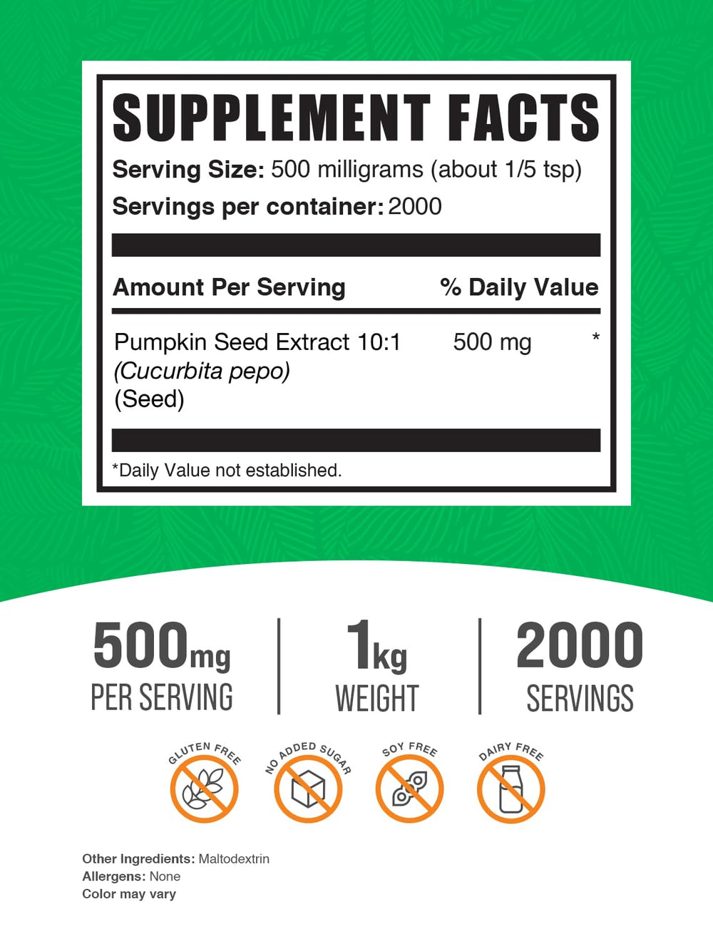 Close-up of BulkSupplements pumpkin seed extract powder bottle with label