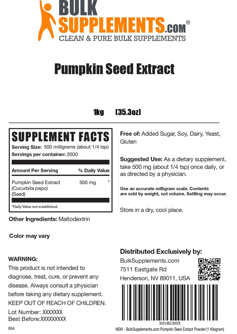 Label detail on BulkSupplements pumpkin seed extract powder highlighting purity