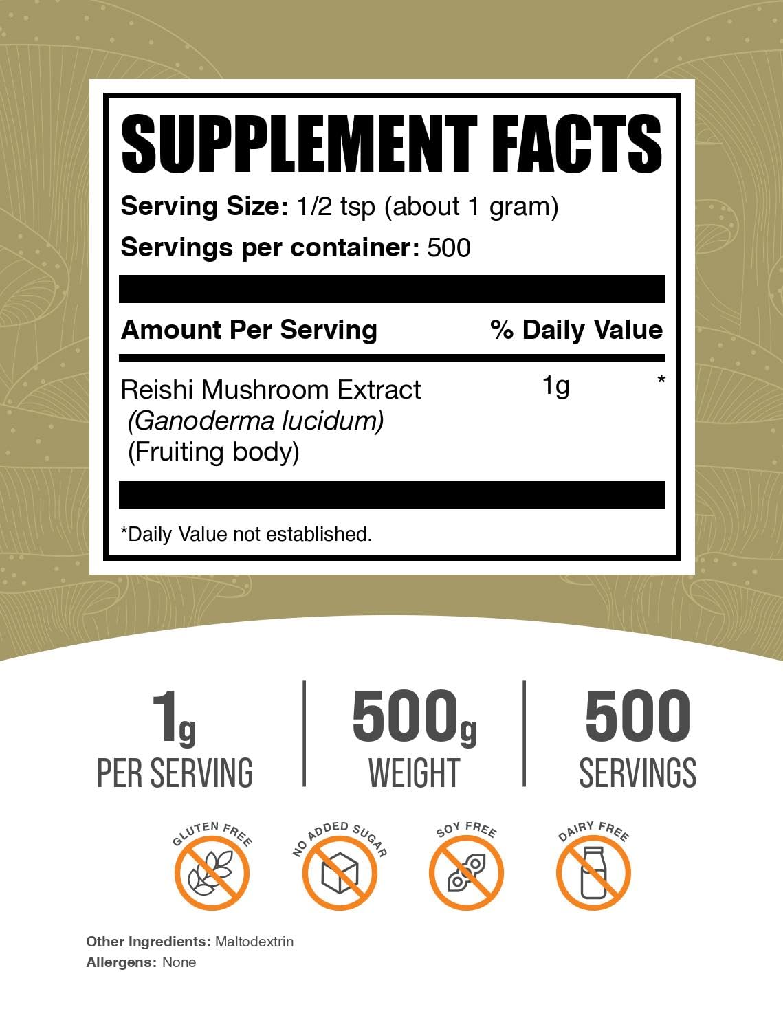 BulkSupplements Reishi extract powder jar front highlights easy-to-measure serving for smoothies.