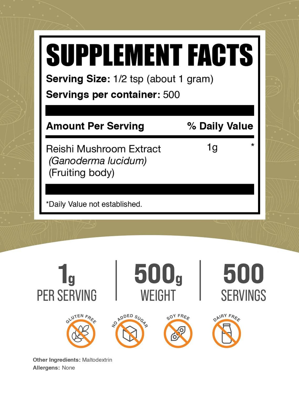 BulkSupplements Reishi extract powder jar front highlights easy-to-measure serving for smoothies.