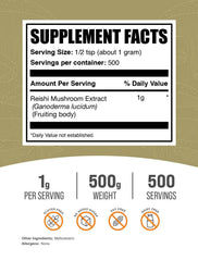BulkSupplements Reishi extract powder jar front highlights easy-to-measure serving for smoothies.