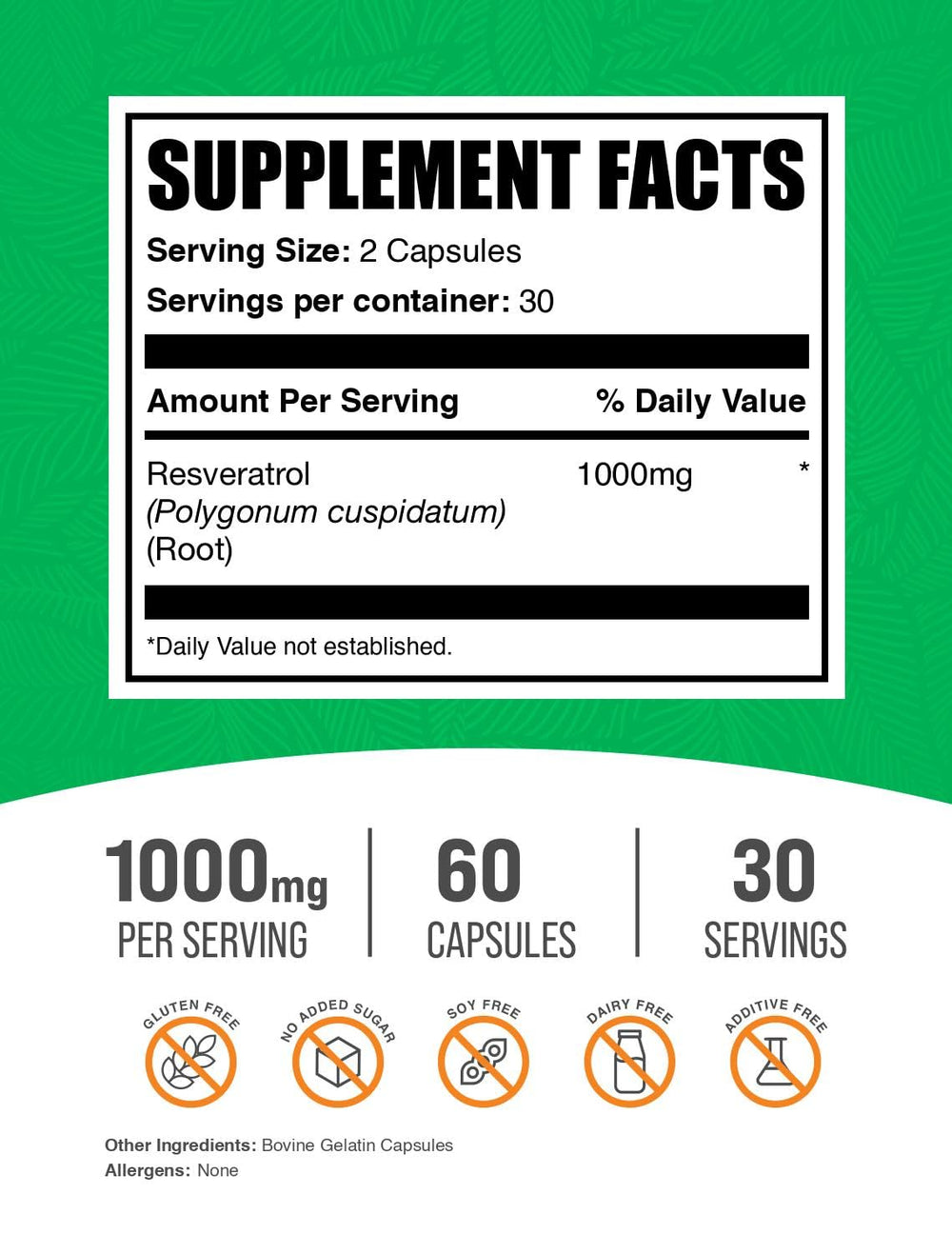 Close-up of BulkSupplements Resveratrol capsules shows easy-to-swallow daily dose.