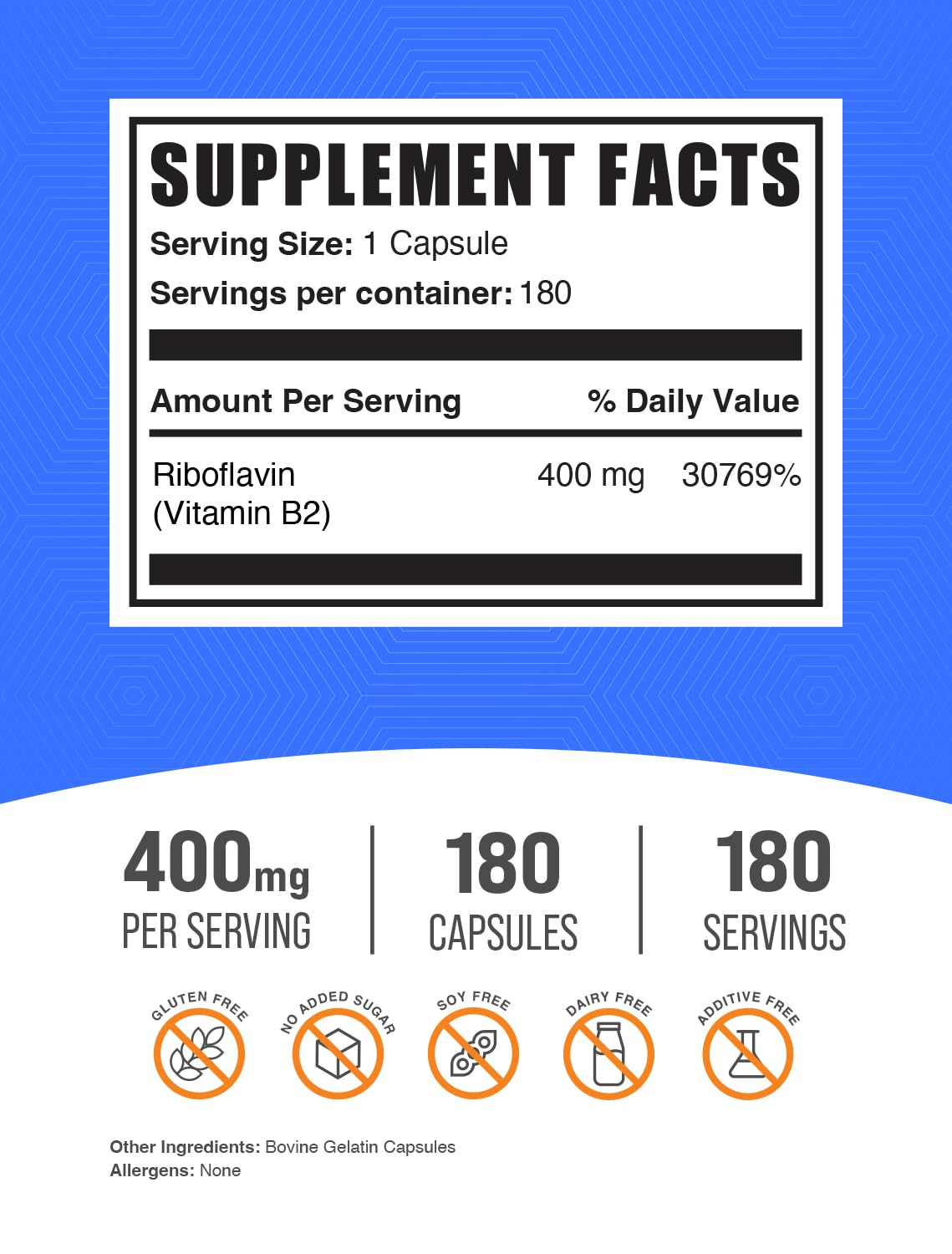 BulkSupplements Riboflavin 400mg bottle back shows ingredients and gluten-free quality for daily energy