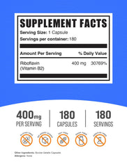 BulkSupplements Riboflavin 400mg bottle back shows ingredients and gluten-free quality for daily energy