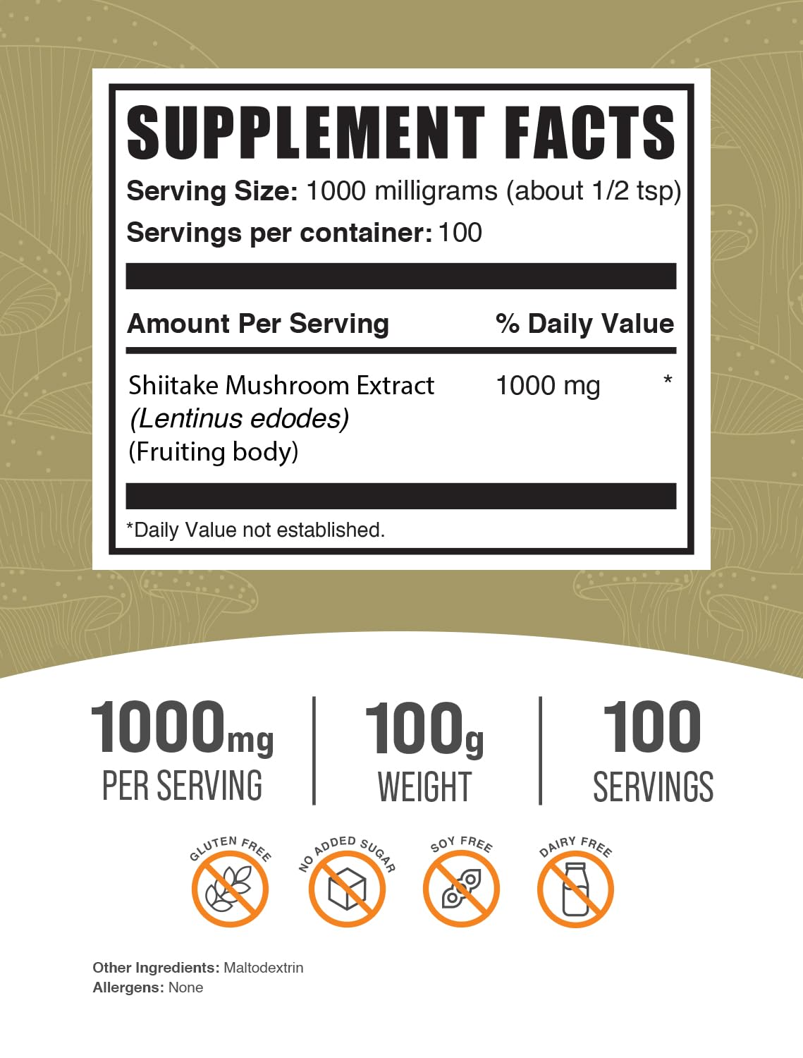 BulkSupplements Shiitake Mushroom Extract Powder jar shows a gluten-free vegan supplement ready to mix with meals.