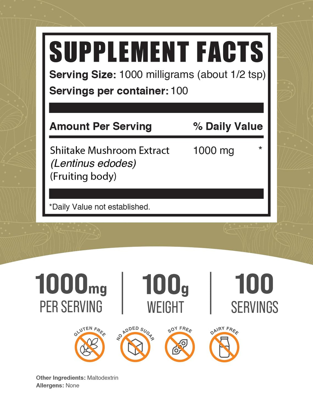 BulkSupplements Shiitake Mushroom Extract Powder jar shows a gluten-free vegan supplement ready to mix with meals.