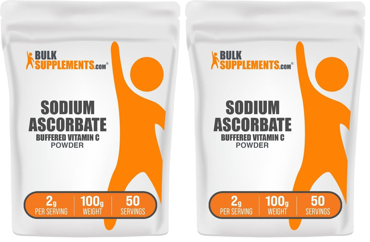BulkSupplements Sodium Ascorbate powder bottle highlights buffered vitamin C for daily immune support.