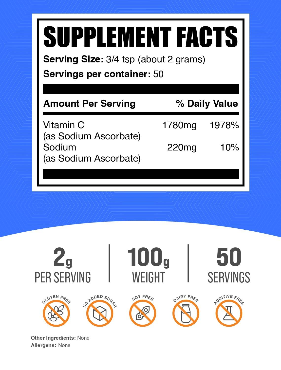 BulkSupplements sodium ascorbate powder measuring scoop demonstrates easy mixing into drinks.