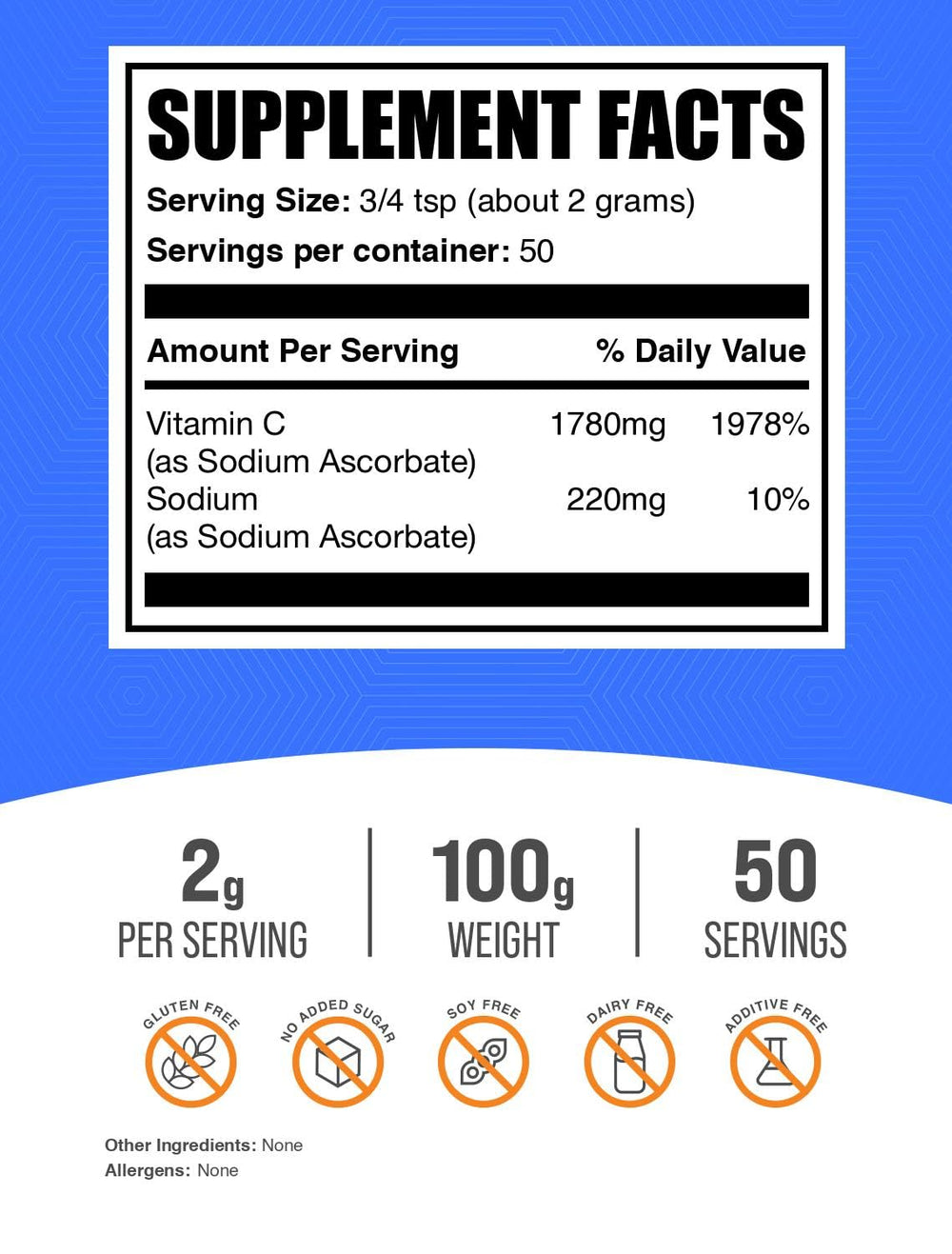 BulkSupplements sodium ascorbate powder measuring scoop demonstrates easy mixing into drinks.