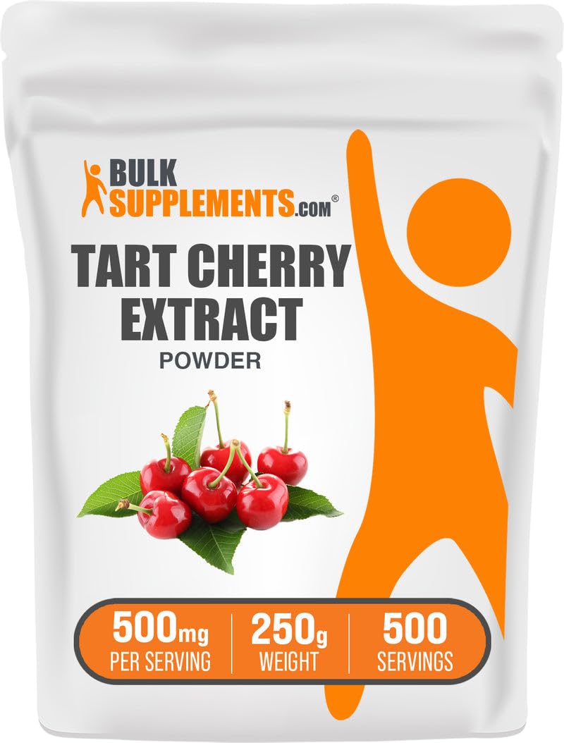 BulkSupplements Tart Cherry Extract Powder bottle showing a clean label and antioxidant-friendly formula.