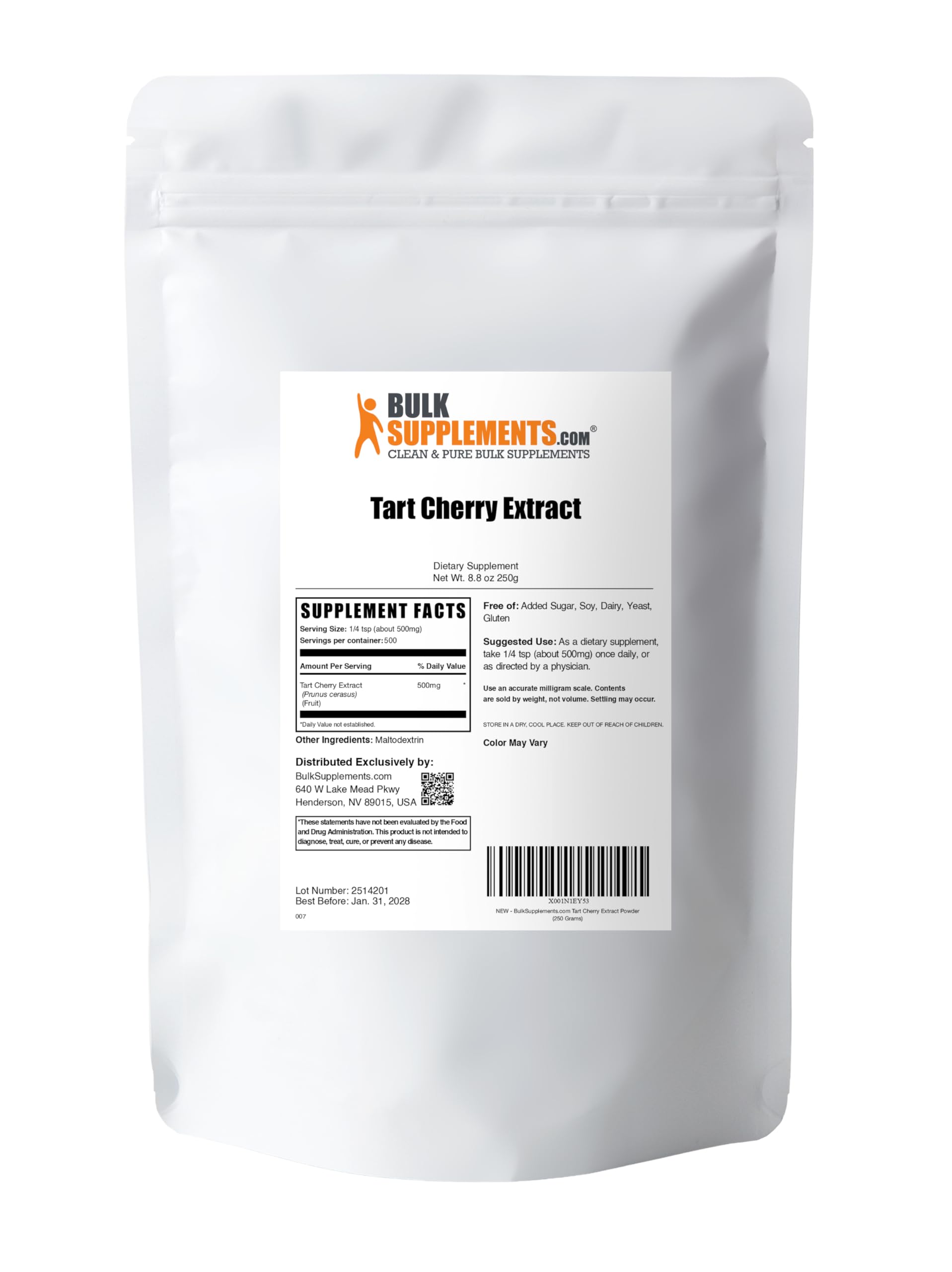 BulkSupplements Tart Cherry Extract Powder glass-jar demonstrates secure packaging and accessibility.