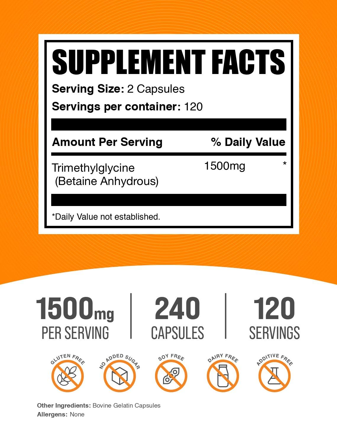 BulkSupplements TMG capsules bottle side view, compact dosage for workouts.