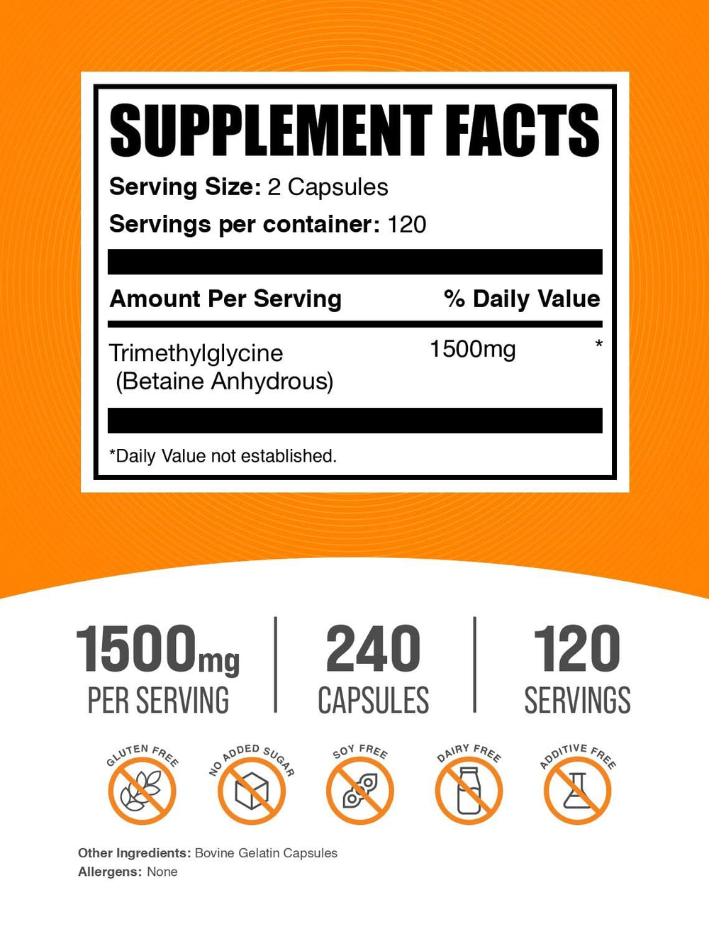 BulkSupplements TMG capsules bottle side view, compact dosage for workouts.