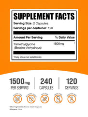BulkSupplements TMG capsules bottle side view, compact dosage for workouts.