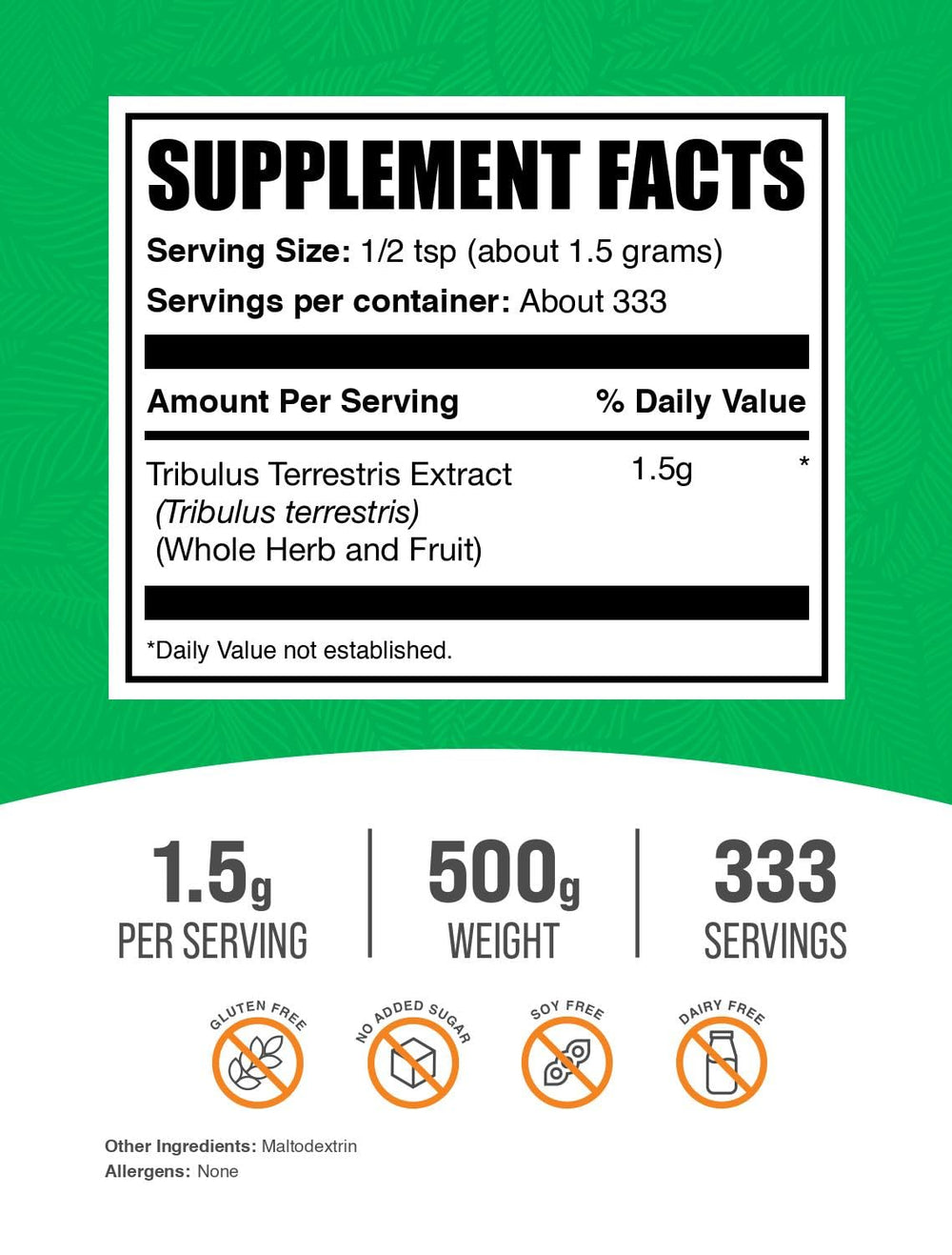 BulkSupplements Tribulus Terrestris extract powder packaging highlighting quality and testing.