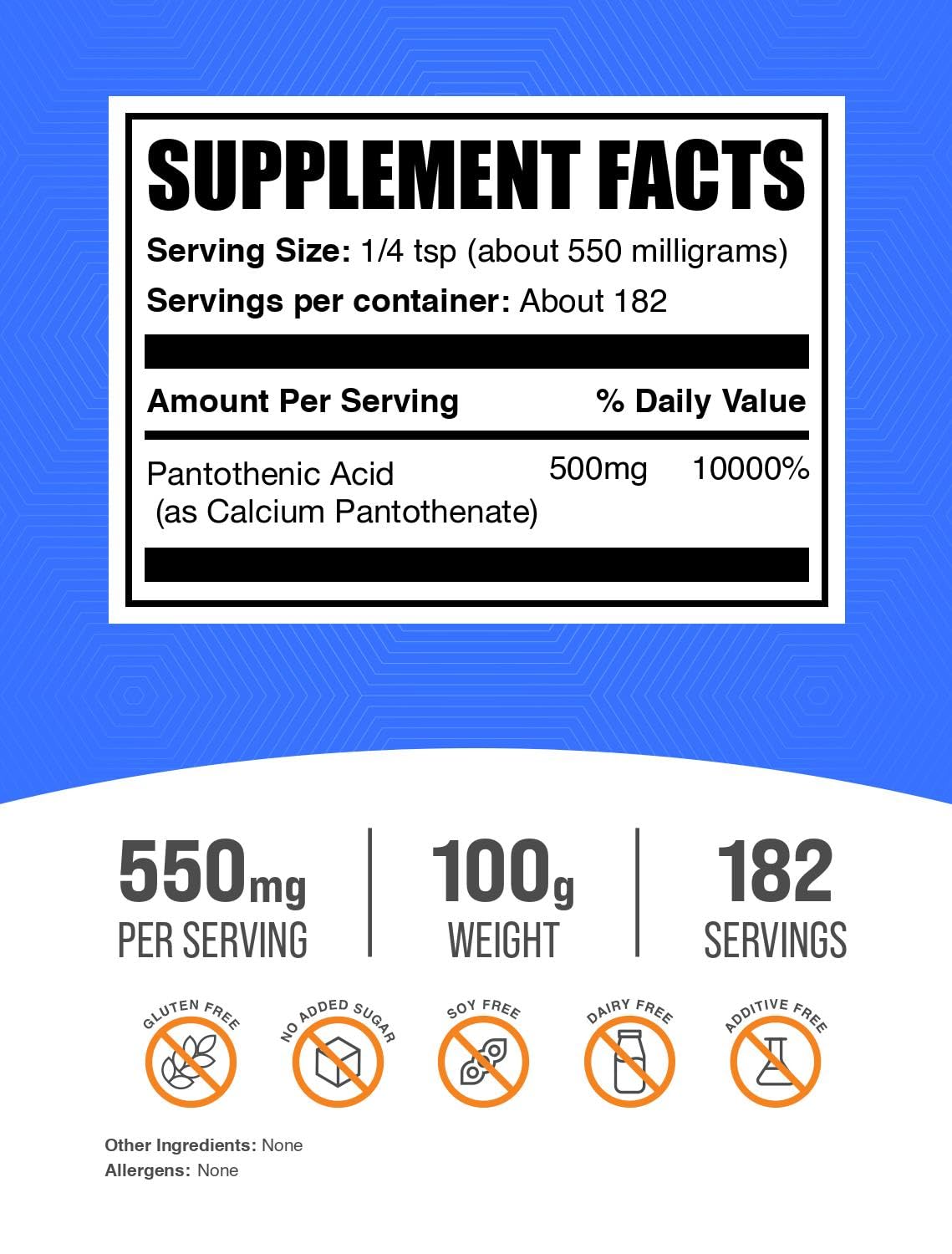 BulkSupplements Vitamin B5 powder gluten-free label on bottle for sensitive diets.