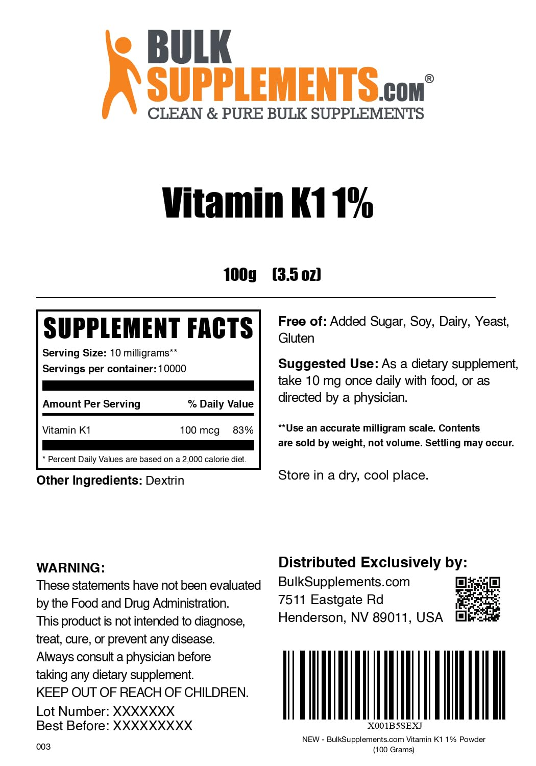 BulkSupplements Vitamin K1 Powder 100g jar reflects reliable supply and accessibility.