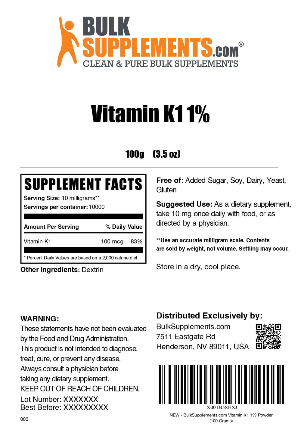 BulkSupplements Vitamin K1 Powder 100g jar reflects reliable supply and accessibility.