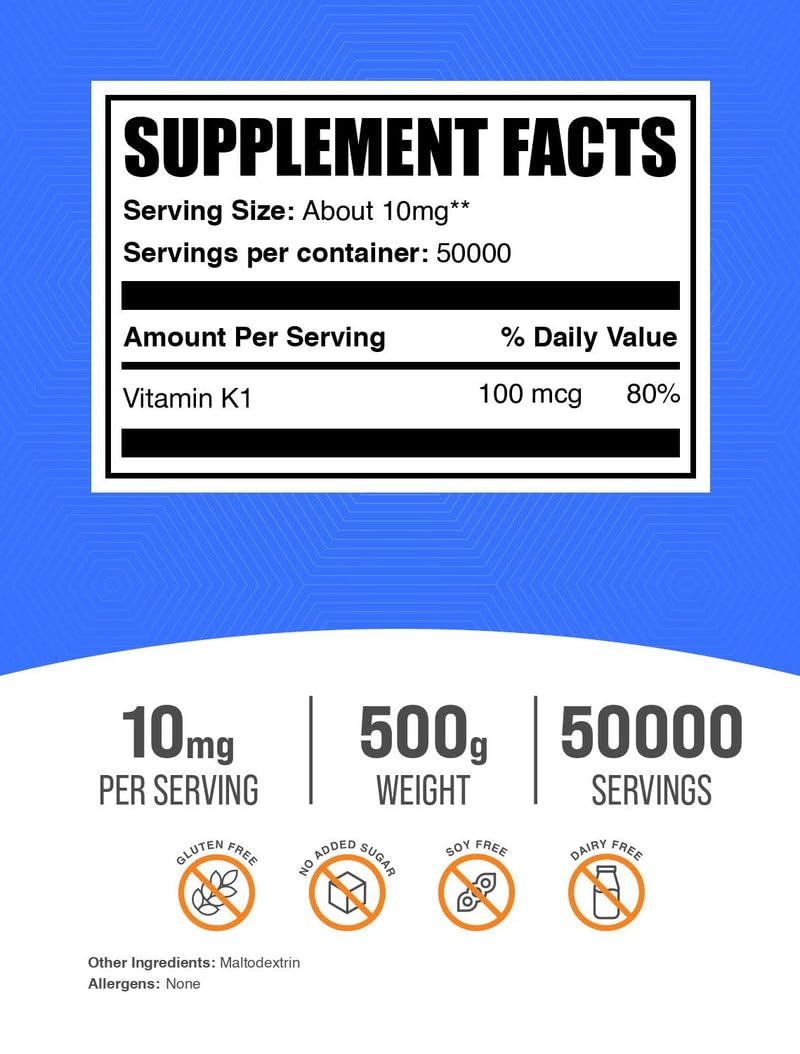 BulkSupplements Vitamin K1 powder bottle back highlighting gluten-free ingredients.