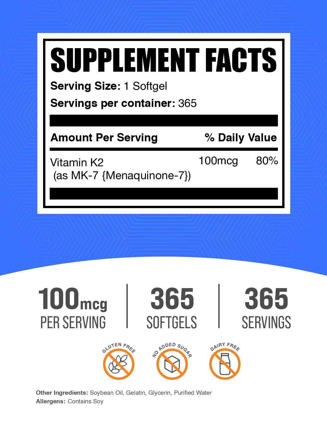 BulkSupplements Vitamin K2 MK7 softgels packaging with clear dosage info