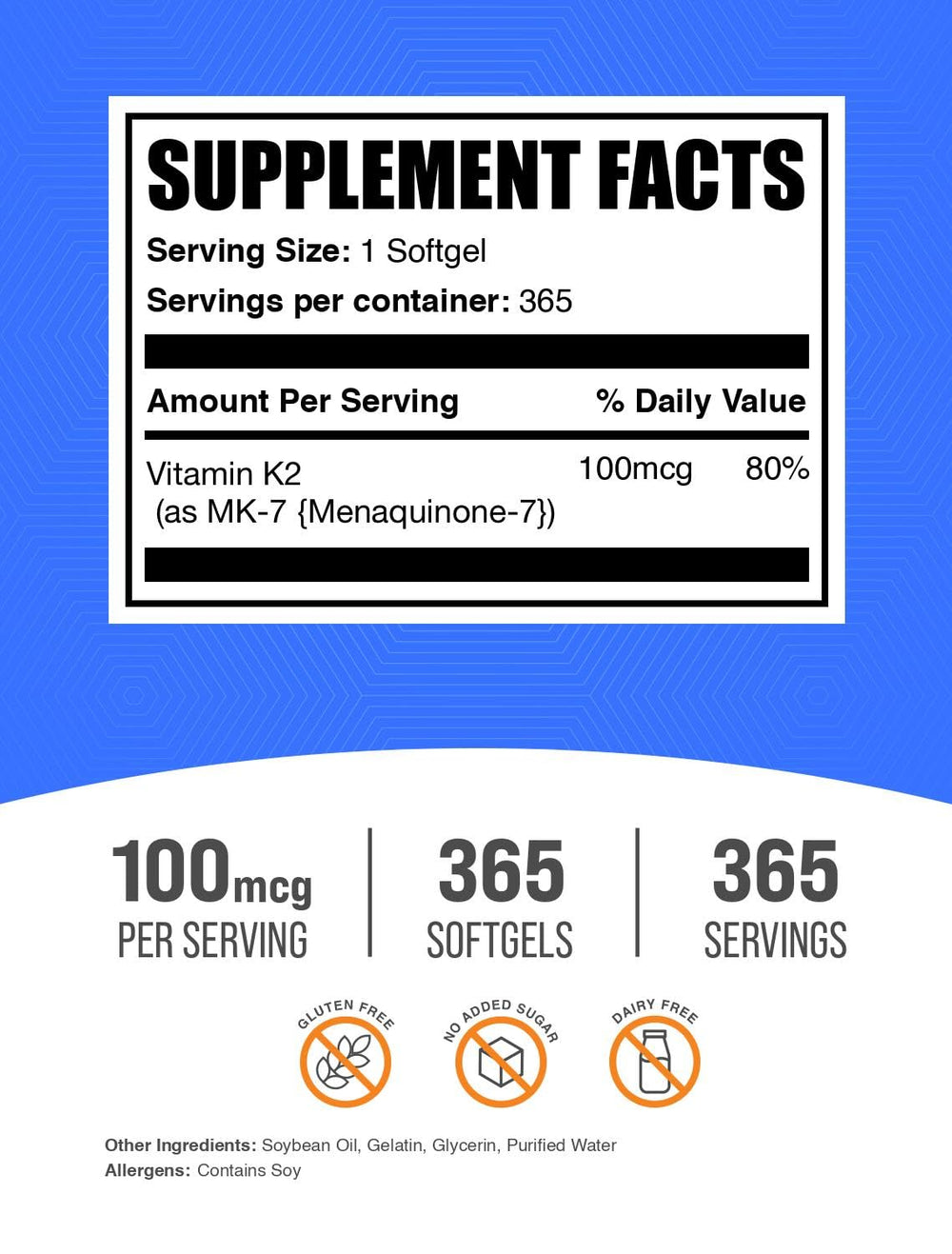 BulkSupplements Vitamin K2 MK7 softgels packaging with clear dosage info