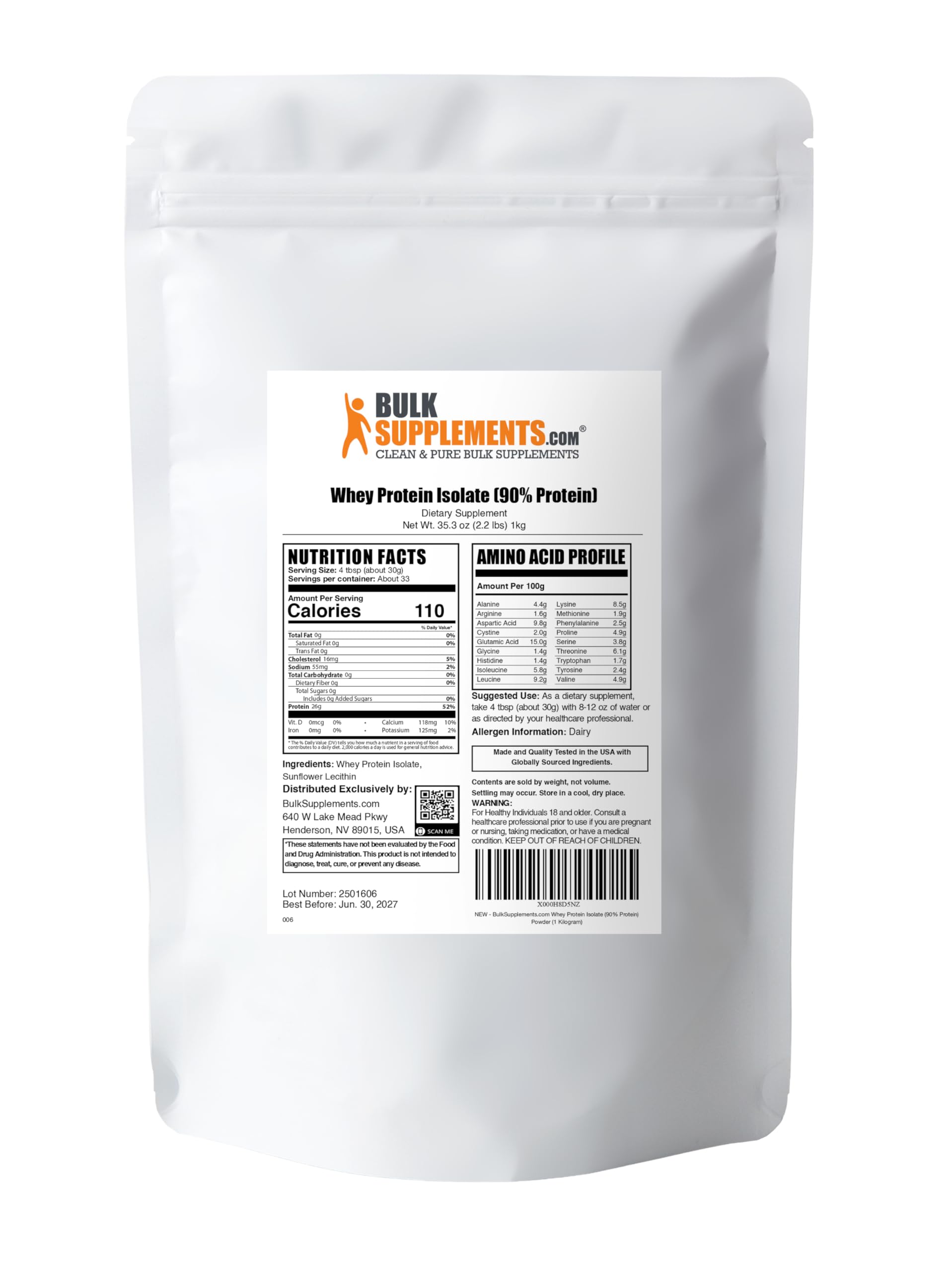 BulkSupplements Whey Protein Isolate packaging on shelf highlighting quality testing.
