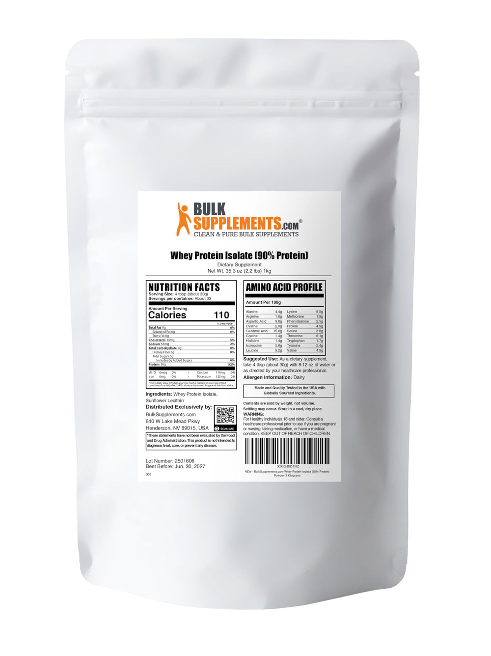 BulkSupplements Whey Protein Isolate packaging on shelf highlighting quality testing.