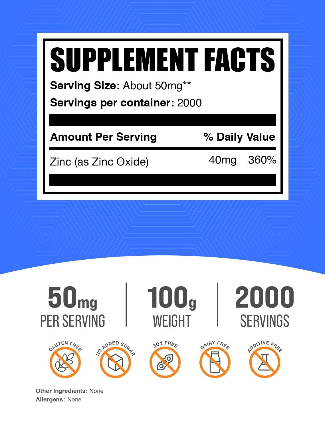 BulkSupplements Zinc Oxide Powder label emphasizes gluten free formula for sensitive diets.