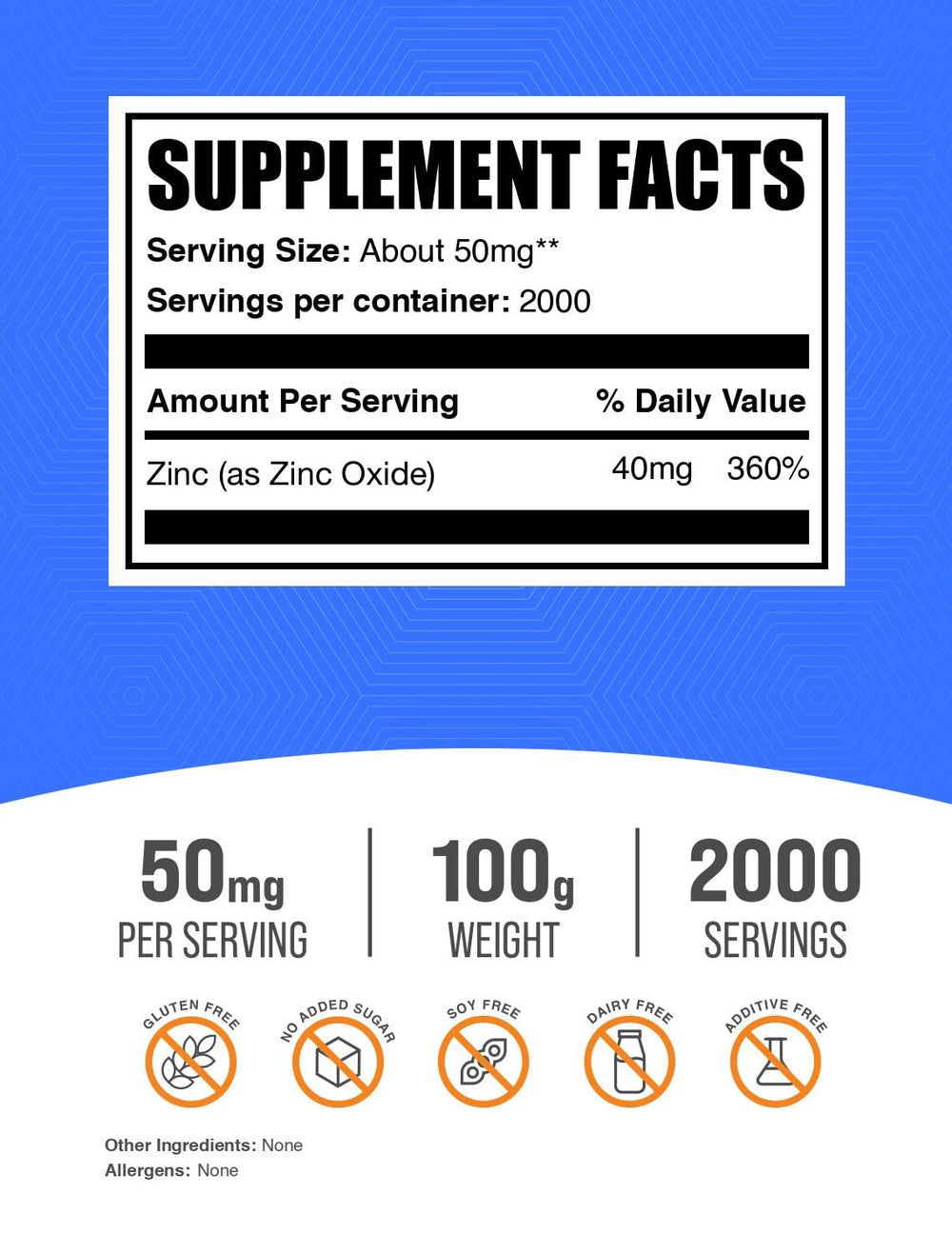 BulkSupplements Zinc Oxide Powder label emphasizes gluten free formula for sensitive diets.