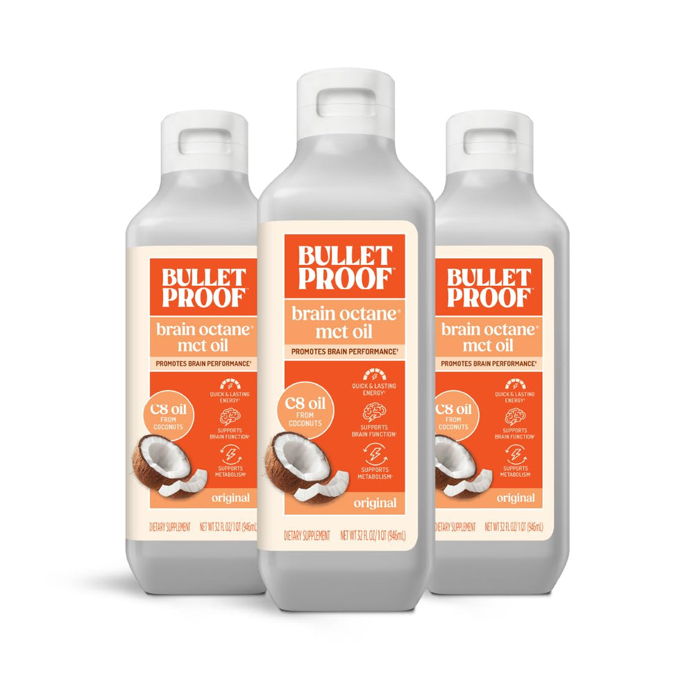 Bulletproof Brain Octane C8 MCT Oil 3-pack bottles for keto energy routines.