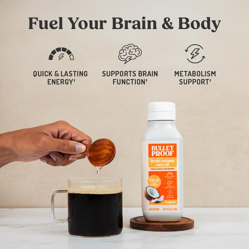 Close-up of Bulletproof Brain Octane label highlighting C8 purity