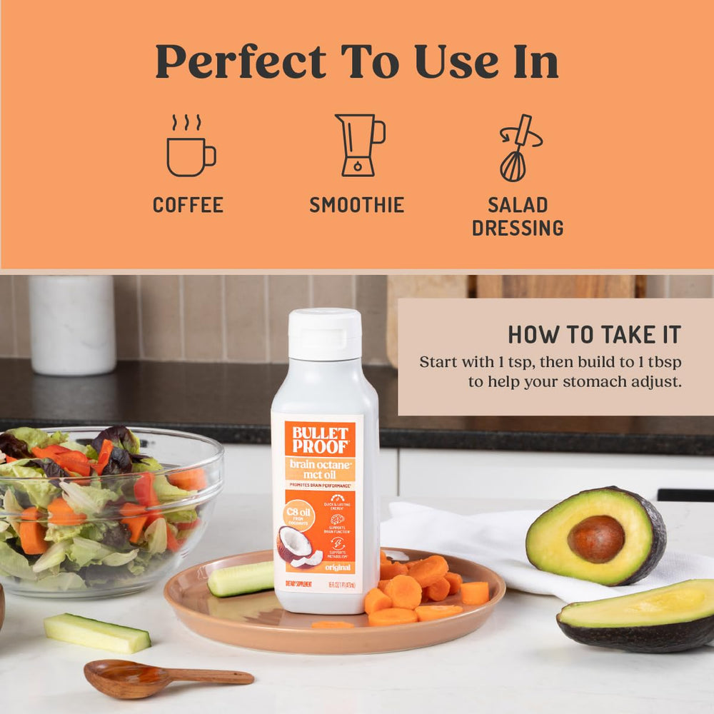 Bulletproof Brain Octane bottle with coconut and measuring spoon for energy prep.