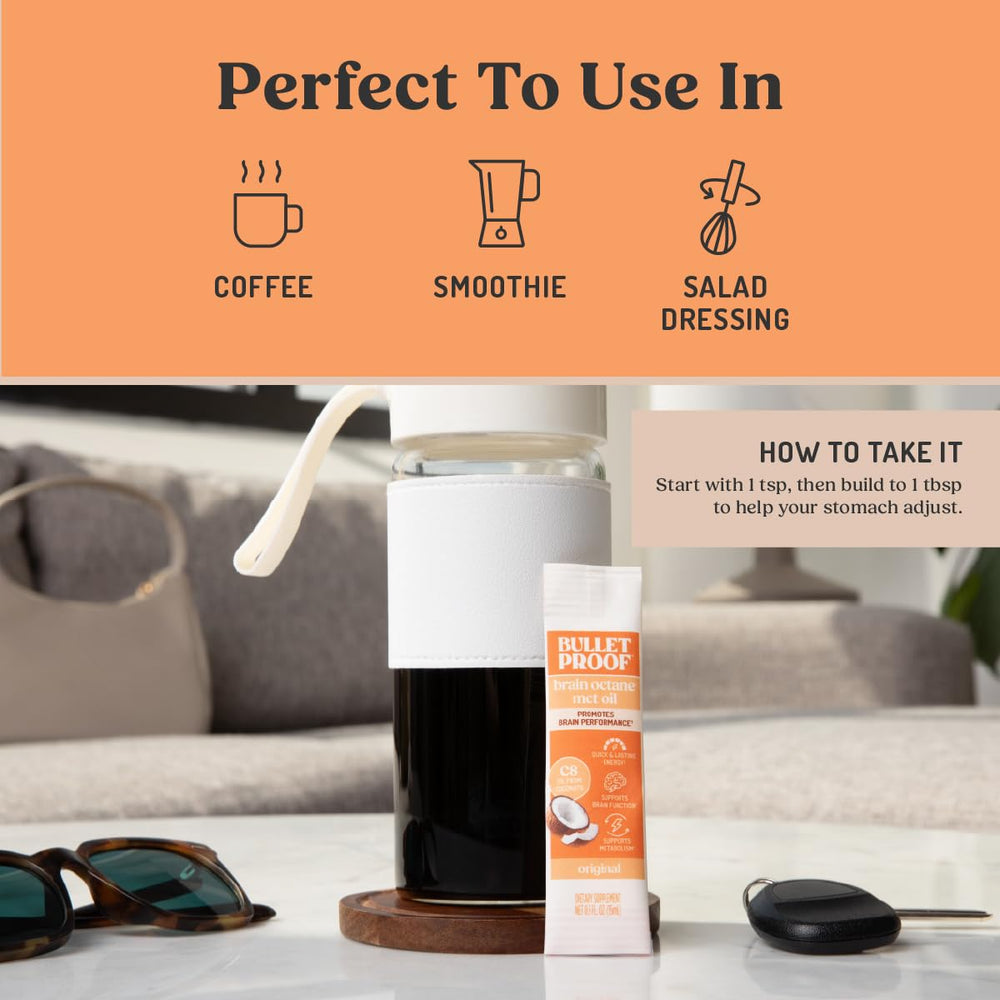 Bulletproof Brain Octane oil in a glass bottle with golden color