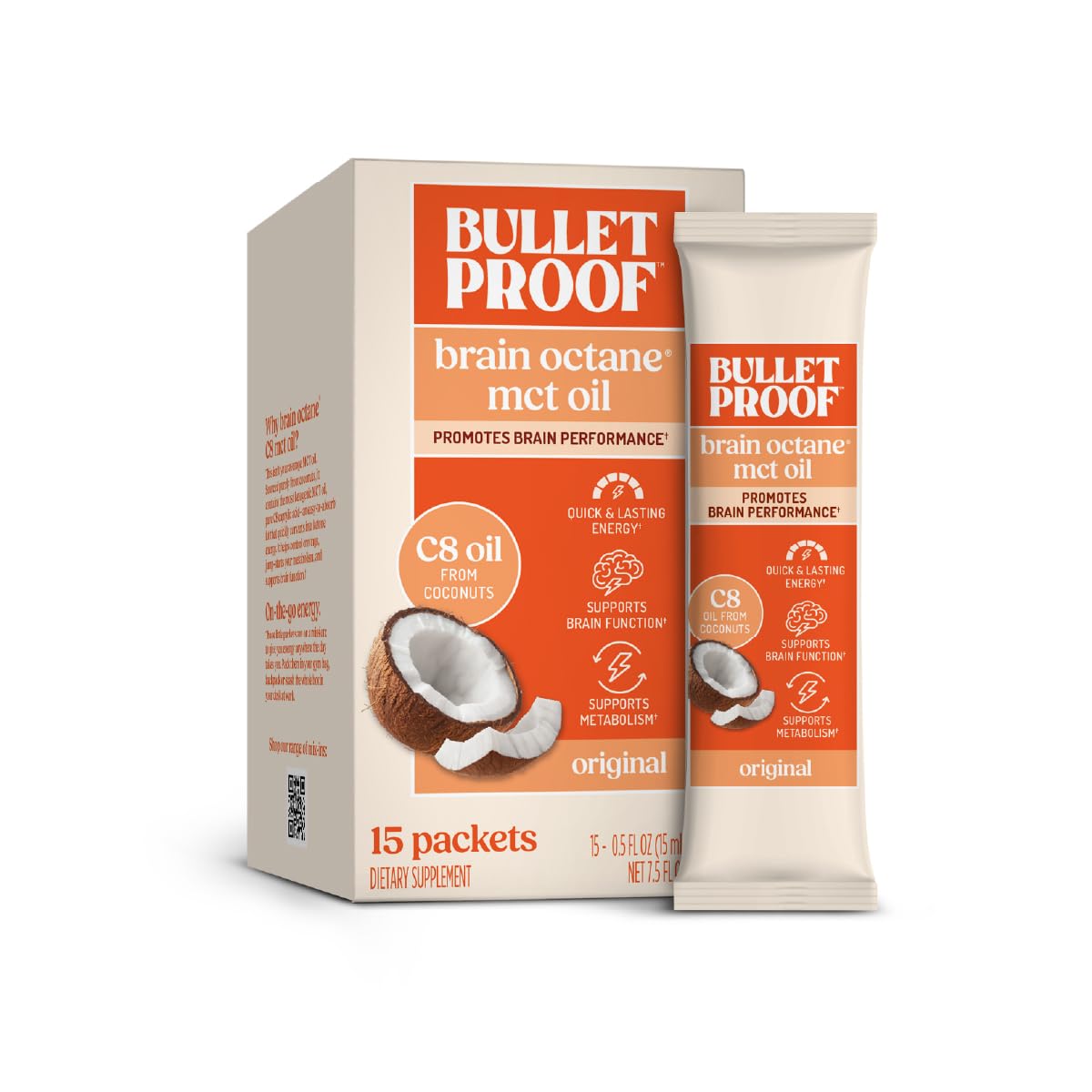 Bulletproof Brain Octane Packets on packaging, premium ketogenic MCT oil for travel energy