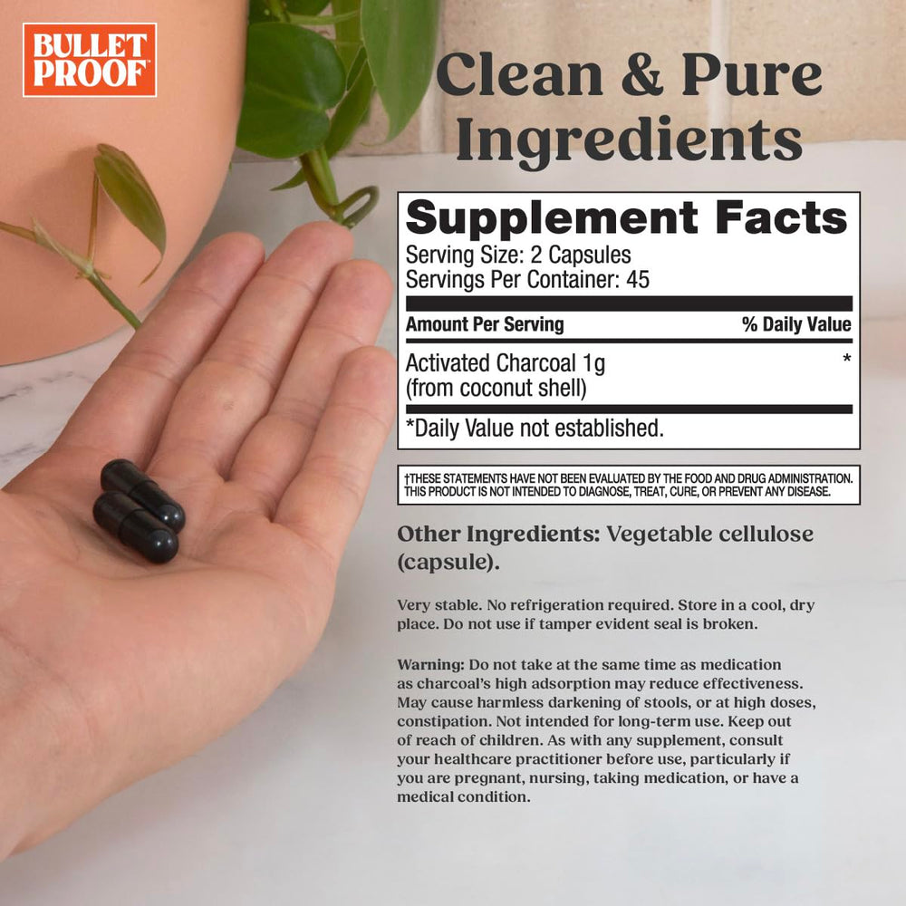 Bulletproof activated charcoal pours from bottle for on-the-go relief