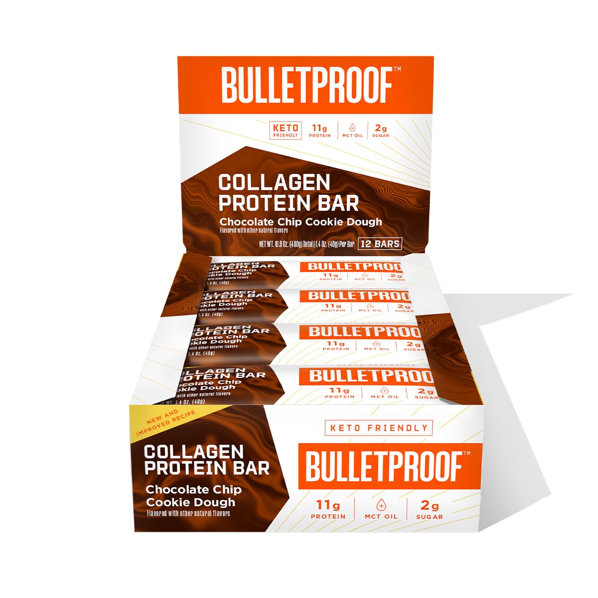 Bulletproof chocolate chip cookie dough bars in a 12-count box for easy on-the-go energy